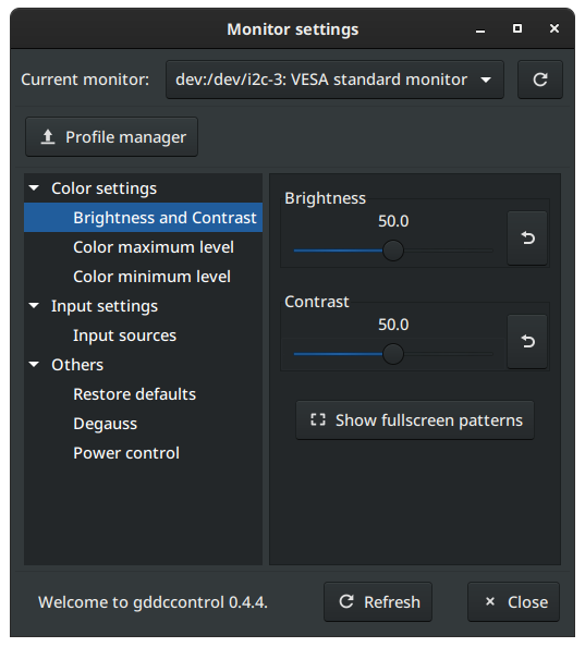 A screenshot of gddccontrol, a GUI for DDC Control, running on Pop!_OS